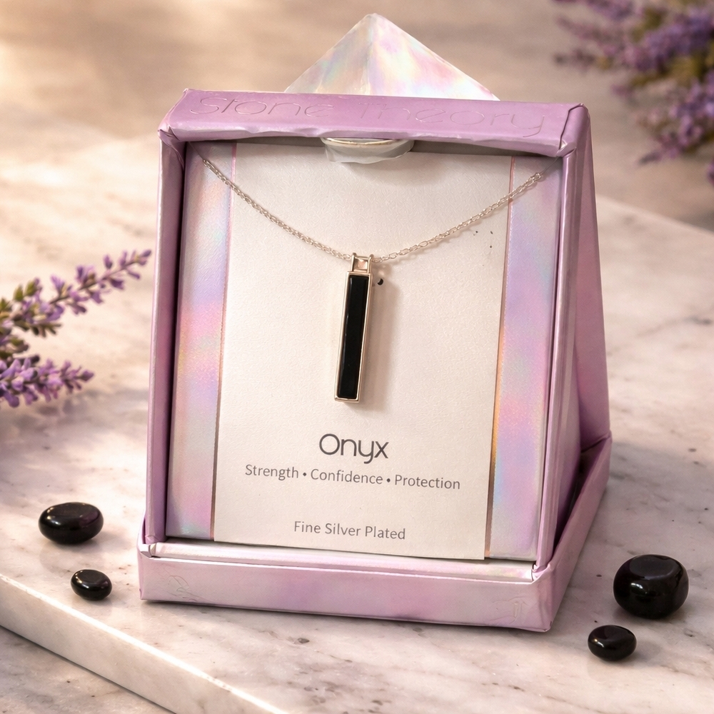 Onyx Black Bar Pendant Necklace in Silver Plating